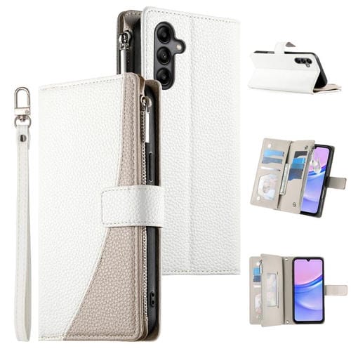 Funda de cuero tipo billetera con cremallera y múltiples tarjetas para Samsung Galaxy A05s, con costuras y correa corta (blanca)