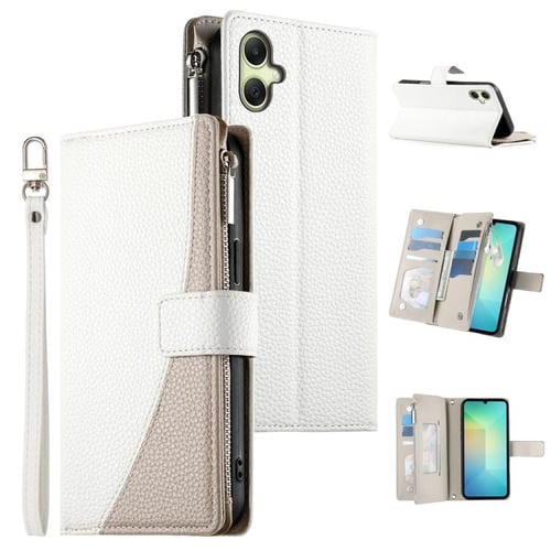 Funda de cuero con cremallera y múltiples tarjetas para Samsung Galaxy A06 4G / 5G / A07 4G con costuras y correa corta (blanca)