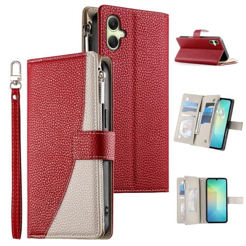 Funda de cuero con cremallera para Samsung Galaxy A06 4G / 5G / A07 4G, con costuras, múltiples tarjetas y correa corta (roja)