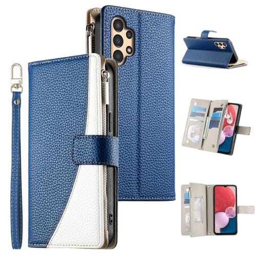 Funda de cuero con cremallera para Samsung Galaxy A13 4G / 5G / A04 / A04s, con costuras, múltiples tarjetas y correa corta (azul oscuro)