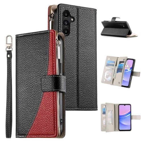 Funda de cuero tipo billetera con cremallera y múltiples tarjetas para Samsung Galaxy A15 4G/5G con costuras y correa corta (negra)