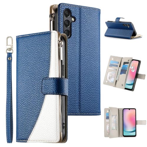 Funda de cuero tipo billetera con cremallera y múltiples tarjetas para Samsung Galaxy A24 4G, con costuras y correa corta (azul oscuro)