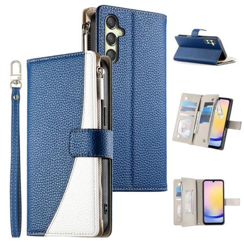 Funda de cuero con cremallera para Samsung Galaxy A25 5G, con costuras, para múltiples tarjetas y correa corta (azul oscuro)
