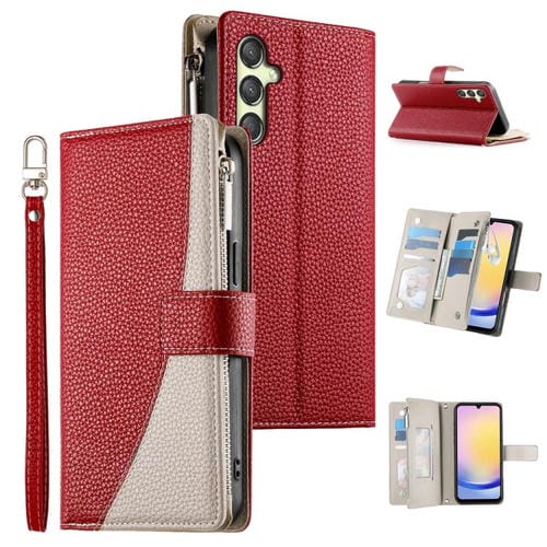 Funda de cuero tipo billetera con cremallera y múltiples tarjetas para Samsung Galaxy A25 5G, con costuras y correa corta (roja)
