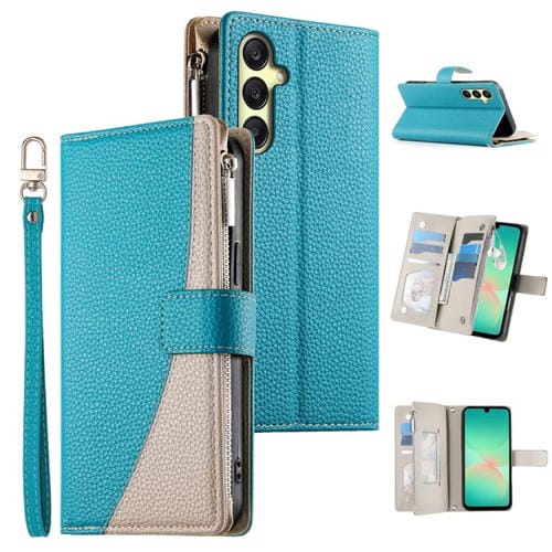 Funda de cuero con cremallera y múltiples tarjetas para Samsung Galaxy A26 5G / A16 / A17 4G con costuras y correa corta (azul)