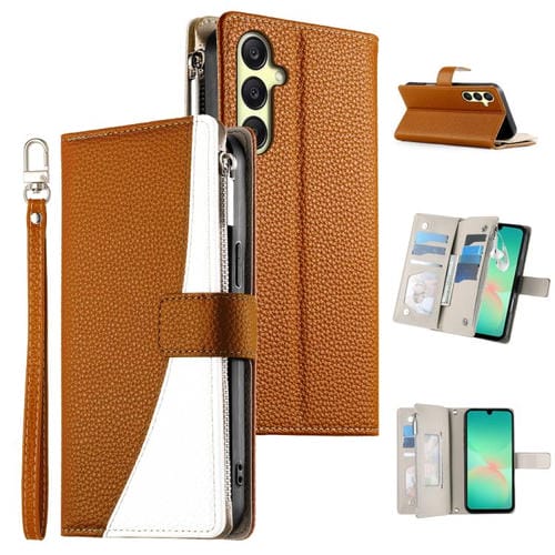 Funda de cuero con cremallera y múltiples tarjetas para Samsung Galaxy A26 5G / A16 / A17 4G con costuras y correa corta (marrón)