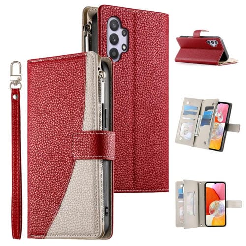 Funda de cuero tipo billetera con cremallera y múltiples tarjetas para Samsung Galaxy A32 5G con costuras y correa corta (roja)