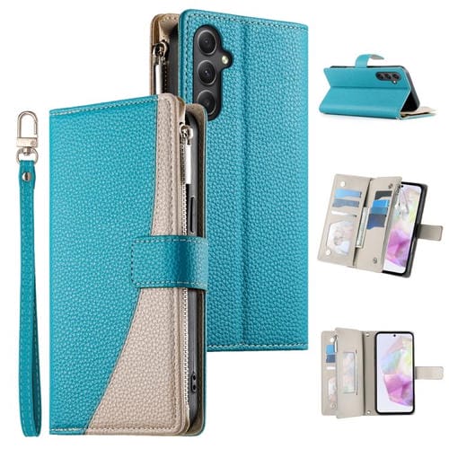 Funda de cuero tipo billetera con cremallera y múltiples tarjetas para Samsung Galaxy A35 5G, con costuras y correa corta (azul)