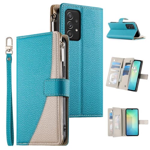 Funda de cuero tipo billetera con cremallera y múltiples tarjetas para Samsung Galaxy A52 4G / 5G / A52s 5G con costuras y correa corta (azul)