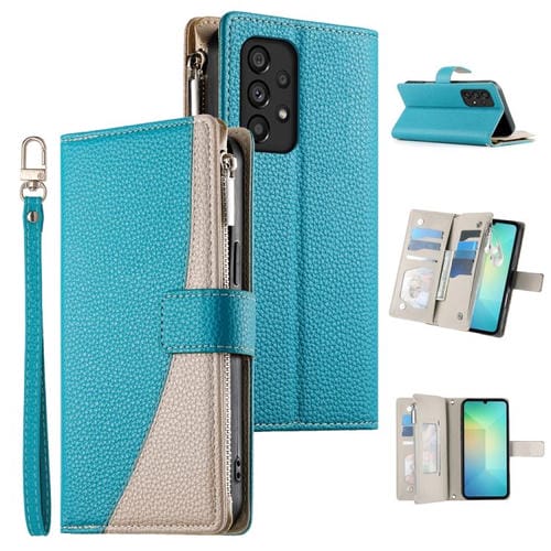 Funda de cuero tipo billetera con cremallera y múltiples tarjetas para Samsung Galaxy A53 5G, con costuras y correa corta (azul)
