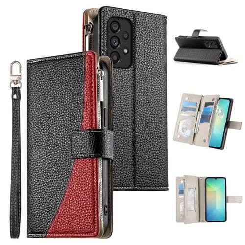 Funda de cuero tipo billetera con cremallera y múltiples tarjetas para Samsung Galaxy A53 5G con costuras y correa corta (negra)