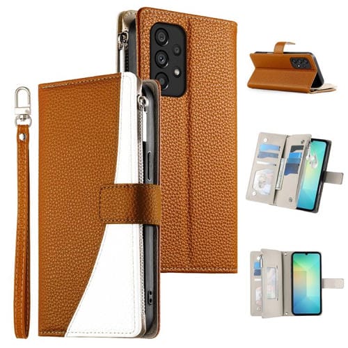 Funda de cuero con cremallera para Samsung Galaxy A53 5G, con costuras, para múltiples tarjetas y correa corta (marrón)