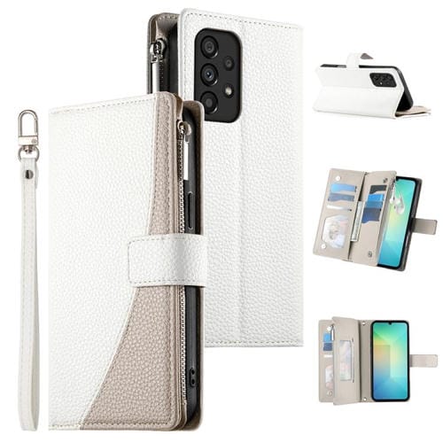 Funda de cuero tipo billetera con cremallera y múltiples tarjetas para Samsung Galaxy A53 5G, con costuras y correa corta (blanca)
