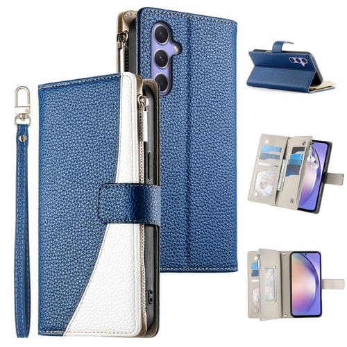 Funda de cuero tipo billetera con cremallera para Samsung Galaxy A54 5G, con costuras y correa corta (azul oscuro)