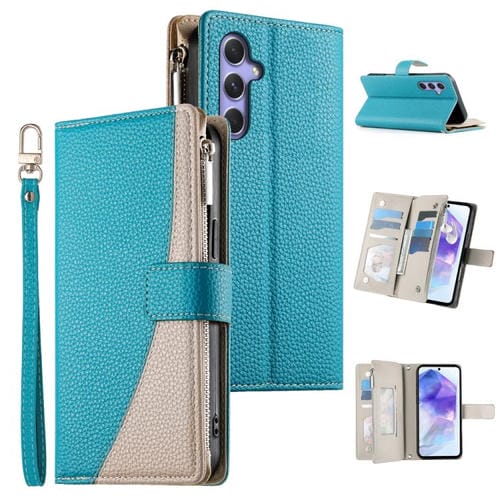 Funda de cuero tipo billetera con cremallera y múltiples tarjetas para Samsung Galaxy A55 5G, con costuras y correa corta (azul)