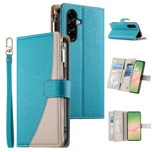 Funda de cuero tipo billetera con cremallera y múltiples tarjetas para Samsung Galaxy A56 5G, con costuras y correa corta (azul)