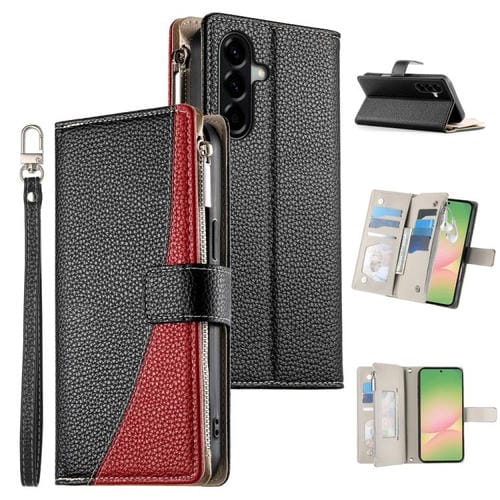 Funda de cuero tipo billetera con cremallera y múltiples tarjetas para Samsung Galaxy A56 5G, con costuras y correa corta (negra)