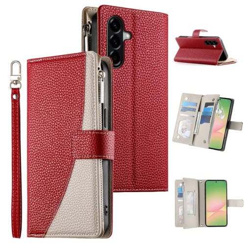 Funda de cuero tipo billetera con cremallera y múltiples tarjetas para Samsung Galaxy A56 5G, con costuras y correa corta (roja)