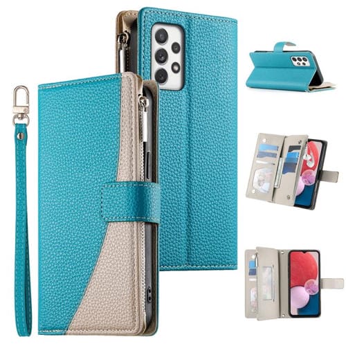 Funda de cuero tipo billetera con cremallera y múltiples tarjetas para Samsung Galaxy A72 4G/5G con costuras y correa corta (azul)
