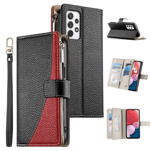 Funda de cuero tipo billetera con cremallera y múltiples tarjetas para Samsung Galaxy A72 4G/5G con costuras y correa corta (negra)