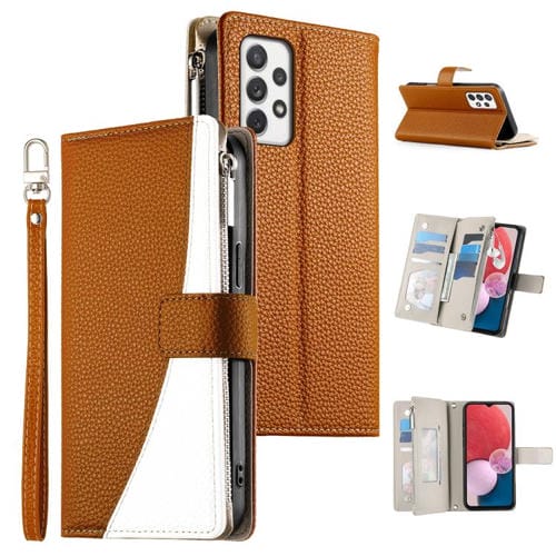 Funda de cuero tipo billetera con cremallera y múltiples tarjetas para Samsung Galaxy A72 4G/5G con costuras y correa corta (marrón)