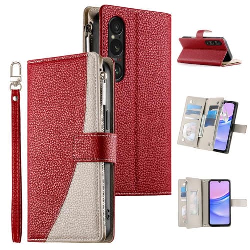 Funda de cuero con cremallera para Sony Xperia 1 VI, con costuras, múltiples tarjetas y correa corta (roja)