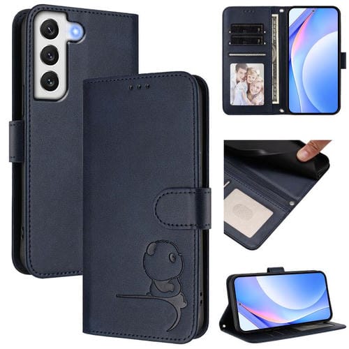 Funda de cuero RFID con estampado de panda y cordón para Samsung Galaxy S22 5G (azul)