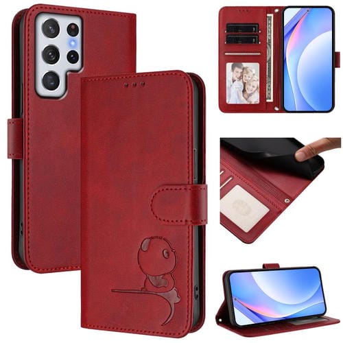 Funda de cuero RFID con estampado de panda y cordón para Samsung Galaxy S22 Ultra 5G (rojo vino)