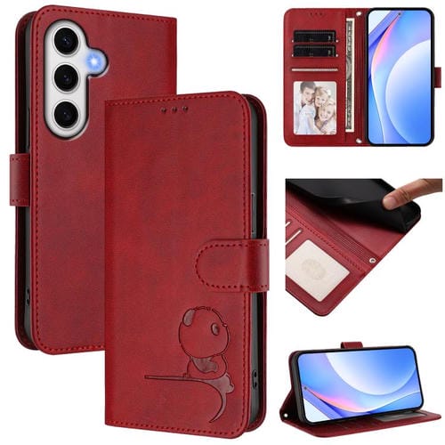 Funda de cuero RFID con estampado de panda y cordón para Samsung Galaxy S24 FE 5G (rojo vino)