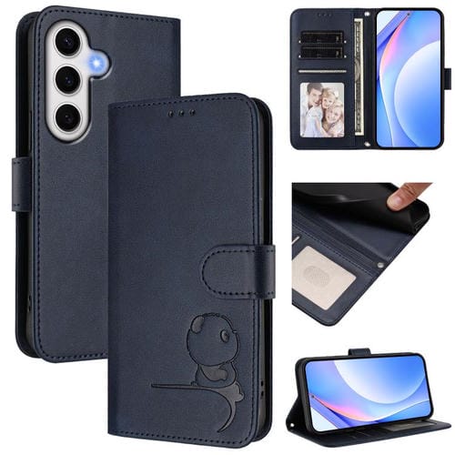 Funda de cuero RFID con estampado de panda y cordón para Samsung Galaxy S24 FE 5G (azul)