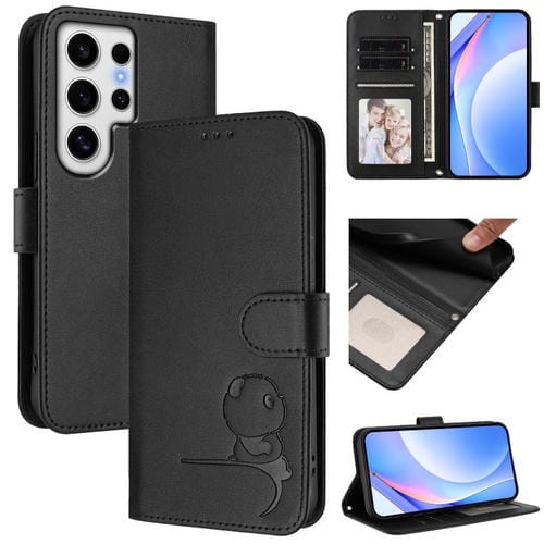 Funda de cuero RFID con estampado de panda y cordón para Samsung Galaxy S24 Ultra 5G (negro)