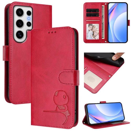 Funda de cuero RFID con estampado de panda y cordón para Samsung Galaxy S24 Ultra 5G (rosa)
