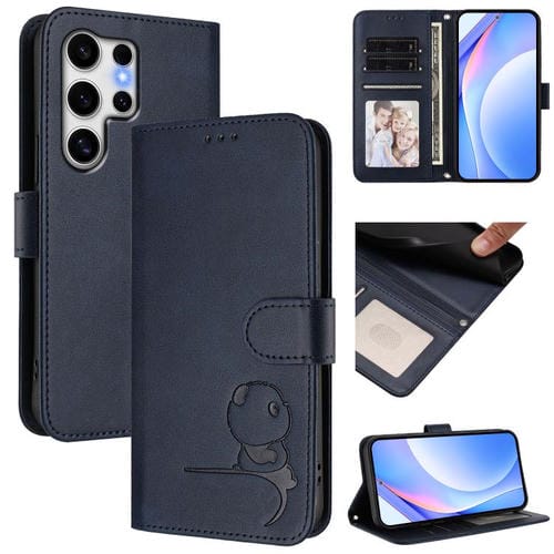 Funda de cuero RFID con estampado de panda y cordón para Samsung Galaxy S25 Ultra 5G (azul)