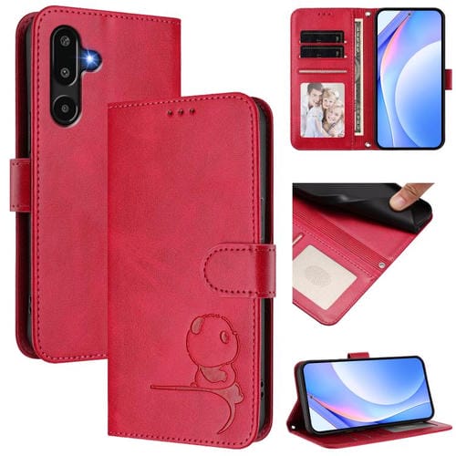 Funda de cuero RFID con estampado de panda y cordón para Samsung Galaxy F16 5G / M16 5G (rosa)