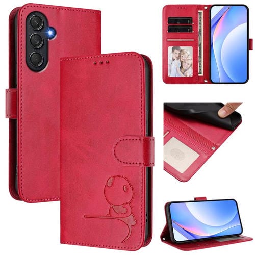 Funda de cuero RFID con estampado de panda y cordón para Samsung Galaxy M55/C55 5G (rosa)