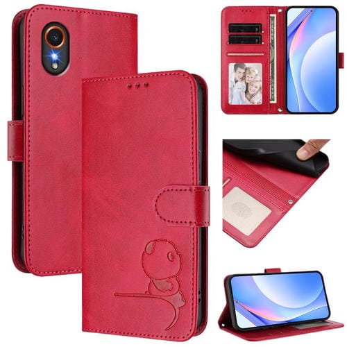Funda de cuero RFID con estampado de panda y cordón para Samsung Galaxy XCover7 (rosa y rojo)