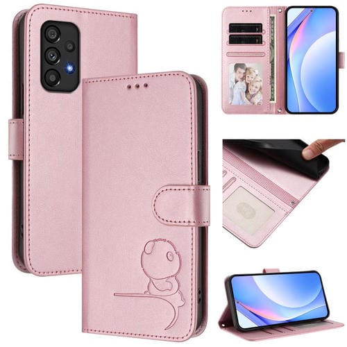 Funda de cuero con estampado de panda y RFID para Samsung Galaxy A53 5G con cordón (rosa)