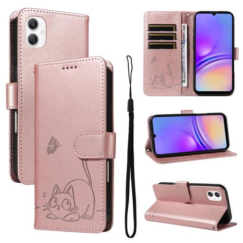 Funda de cuero con tapa y estampado de gato adorable para Samsung Galaxy A07 5G (oro rosa)