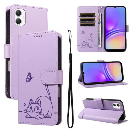 Funda de cuero con tapa y estampado de gato adorable para Samsung Galaxy A07 5G (morado)
