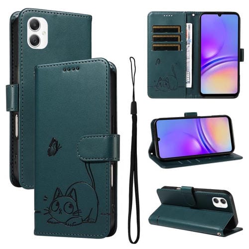 Funda de cuero con tapa y estampado de gato adorable para Samsung Galaxy A07 5G (verde oscuro)