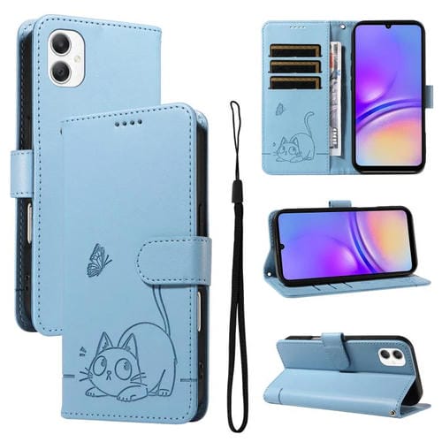 Funda de cuero con tapa y estampado de gato adorable para Samsung Galaxy A07 5G (azul cielo)