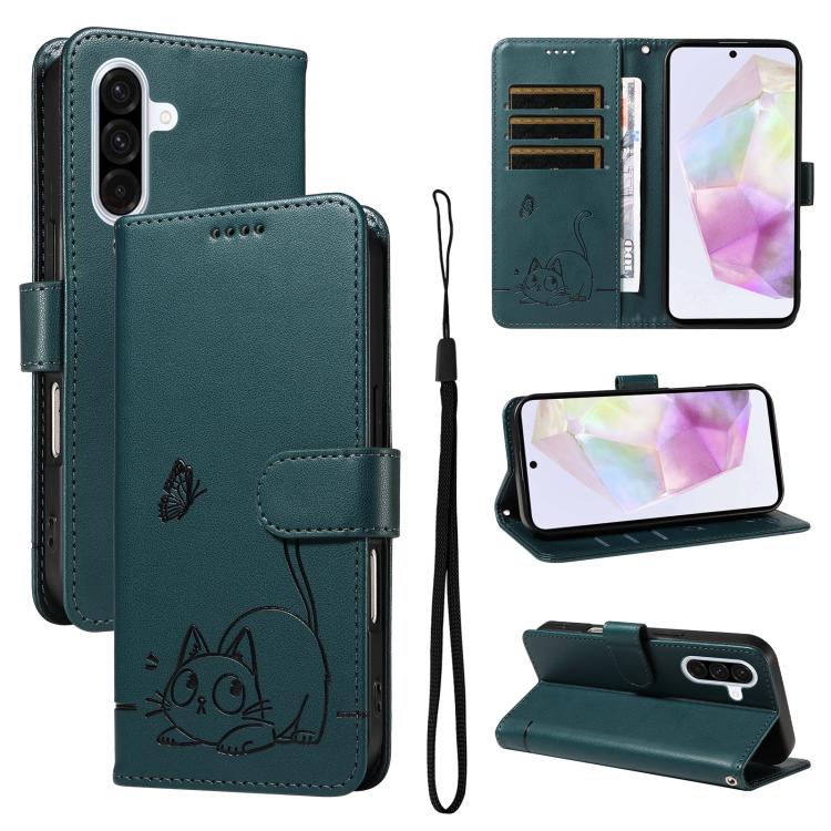 Funda de cuero con tapa y estampado de gato adorable para Samsung Galaxy A36 5G / M56 5G (verde oscuro)