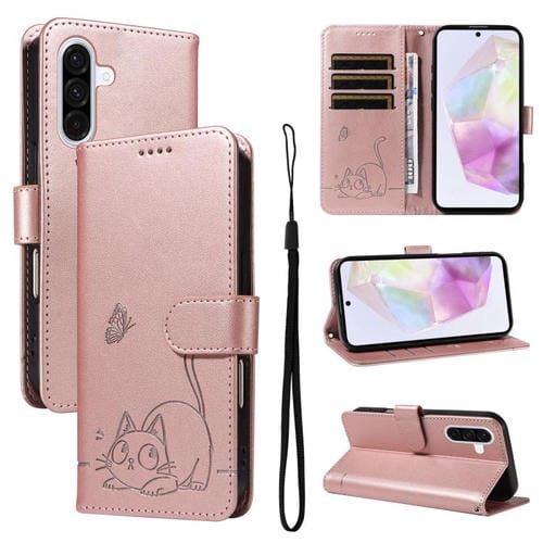 Funda de cuero con tapa y estampado de gato adorable para Samsung Galaxy A56 5G (oro rosa)