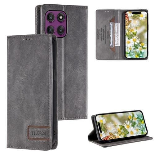 Funda de cuero magnético con textura retro RFID TTUDRCH para Motorola Edge 60 Pro (gris)