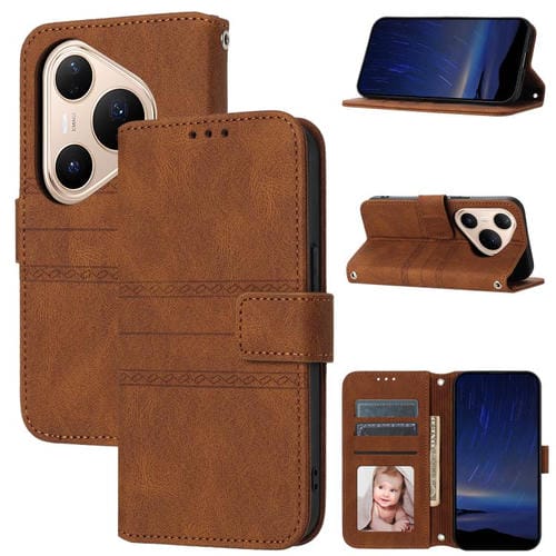 Funda de cuero con textura de rayas en relieve para Huawei Pura 80 5G (marrón)