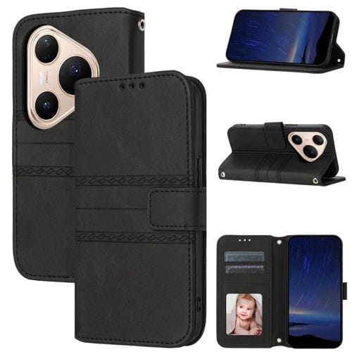Funda de piel con textura de rayas en relieve para Huawei Pura 80 5G (negra)