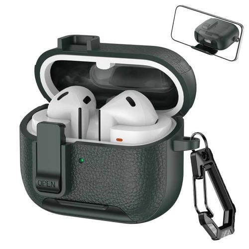 Funda de cuero con textura para auriculares inalámbricos Samsung Galaxy Buds 3/Buds 3 Pro, con gancho y soporte (verde militar)