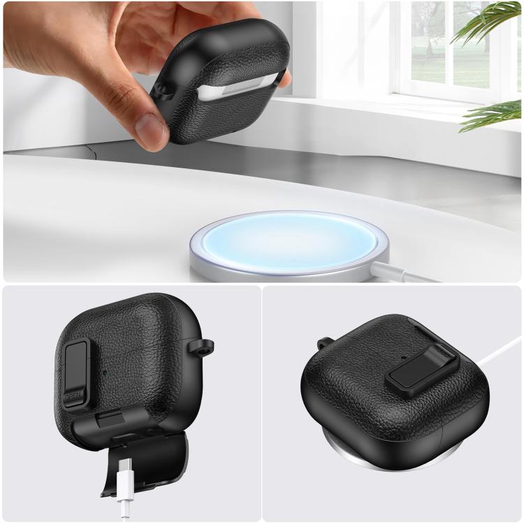 Funda de cuero con textura para auriculares inalámbricos Samsung Galaxy Buds 3/Buds 3 Pro, con gancho y soporte (negro y azul oscuro)