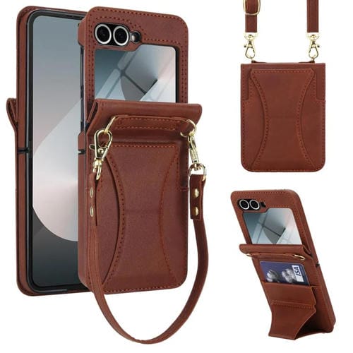 Funda para Samsung Galaxy Z Flip5 con ranura para tarjetas y soporte plegable integrado, con cordón largo y corto (marrón)