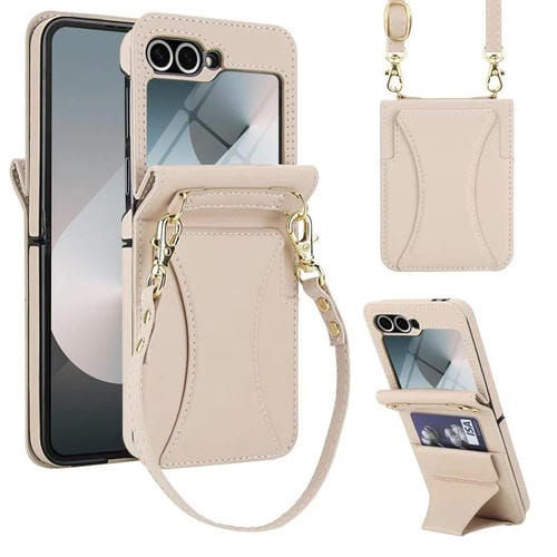 Funda para Samsung Galaxy Z Flip6 con ranura para tarjetas y soporte plegable integrado, con cordón largo y corto (blanco)